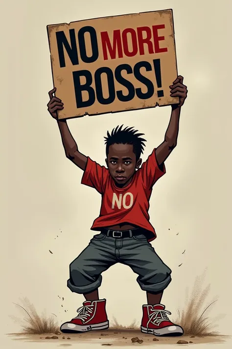 STUPID SHORT BLACK DICK HOLDING A BOARD WRITTE LN "NO MORE BOSS" ON IT