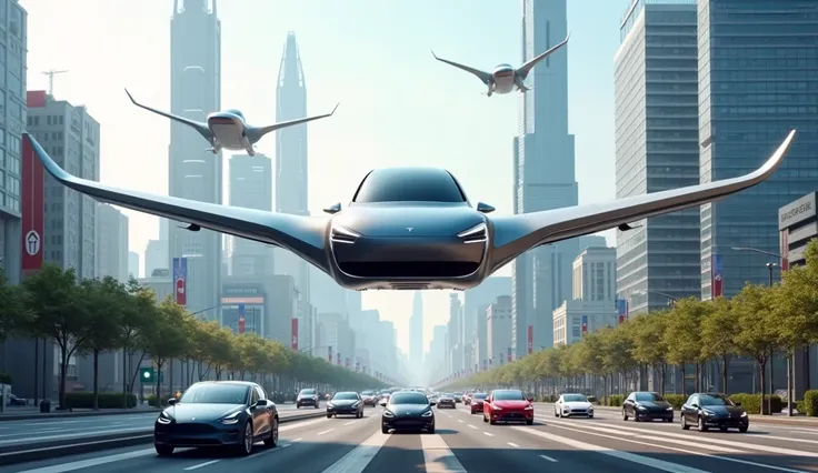 : A futuristic skyline with sleek Tesla flying cars gracefully navigating the skies, transitioning to bustling roads filled with Teslas.