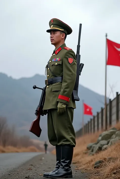  A soldier of the North Korean Peoples Army in traditional olive green uniform stands alert with a weapon in his hand.  Mountains and fortified border facilities are visible in the background .  A red flag with a star is blowing behind him ,  while the sce...