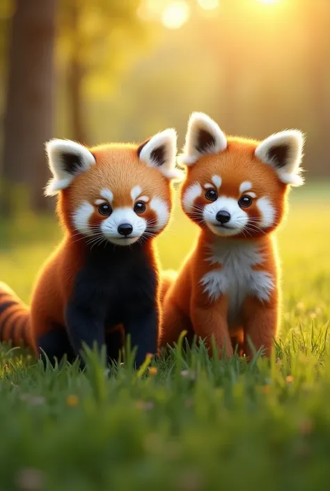 
"Create a hyper-realistic image of a baby red panda and a baby maned wolf side by side in a lush green meadow during golden hour. The baby red panda has a soft, orange-red fur with white markings on its face and a bushy ringed tail, while the baby maned w...