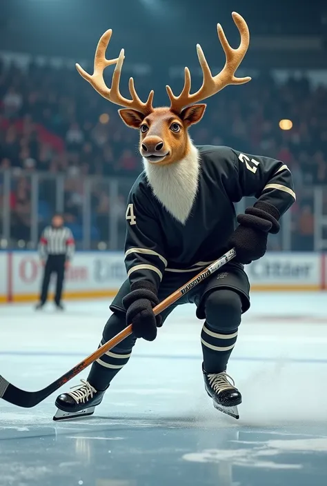 Un caribou anthropomorphe jouant au hockey sur glace, portant un uniforme noir avec des gants et un bâton de hockey. Le caribou a des bois imposants et une expression déterminée. La scène se déroule dans une patinoire bondée, avec des spectateurs et des lu...