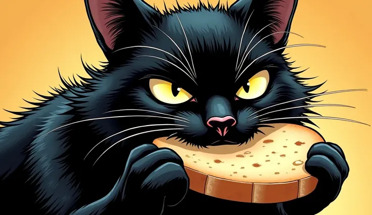 A close-up comic panel of the mother black cat looking determined, holding a piece of bread in her mouth for her kittens.