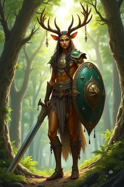  Brown wood elf with green eyes,  deer horn on the head . Shell armor ,  big sword and shield  