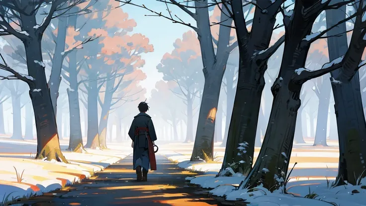 "A historical scene set in winter in Japan during the Meiji period, depicting a lonely country road with no snow. A boy of around 12 or  is walking beside a man of around 34 or 35 years old, who is carrying a leather bag on his back. The boy is dressed in ...