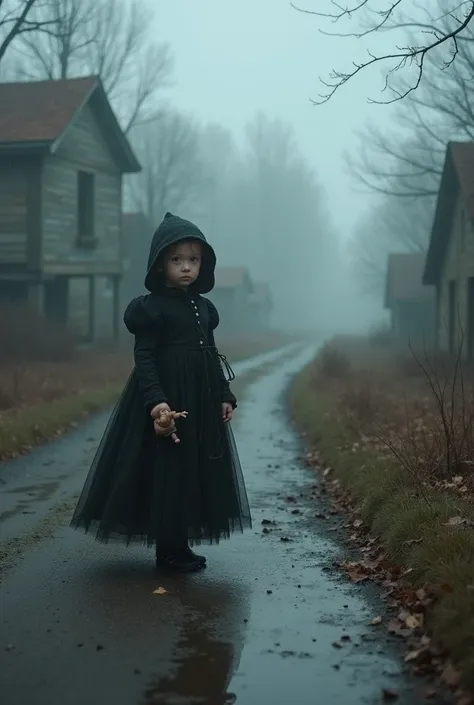  realistic photo ,  landscape rainy late autumn , abandoned old ruined village ,several houses ,  on an old road there is a ghost of a baby in a lush black gothic dress,  she looks at us ,  in her hands a doll , greyness, Mysticism, Light Fog, yearning,  u...