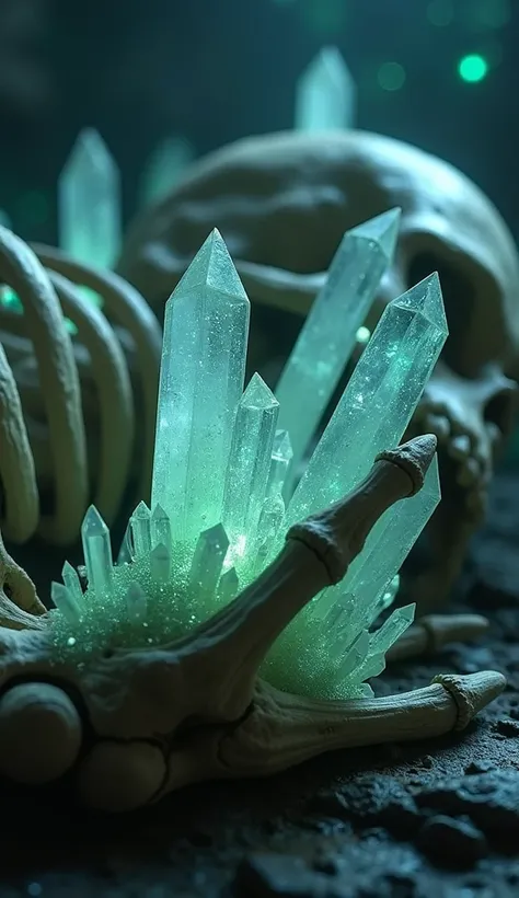 Close-up of skeletal remains with crystal formations sprouting from the bones, glowing faintly in green and blue hues