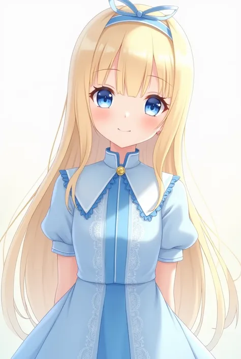 a blonde girl with a blue headband and blue eyes. very beautiful and curtain bangs to the side with a blue dress, the collar is a light blue and there is a light blue ceritcally down the dress of dark blue with puffy sleeves of blue but a plain puffy sleev...