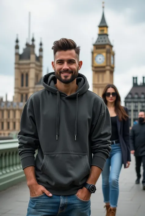 A man wearing hoodie and old jeans. Timberland boots. Apple Watch only. Tan skin and burst fade hair style. Black hair. Small beard. Big and beautiful eyes. Sexy lips. smile. Nice body. Look at camera. Front of camera. Full photo. landmark of london city. ...