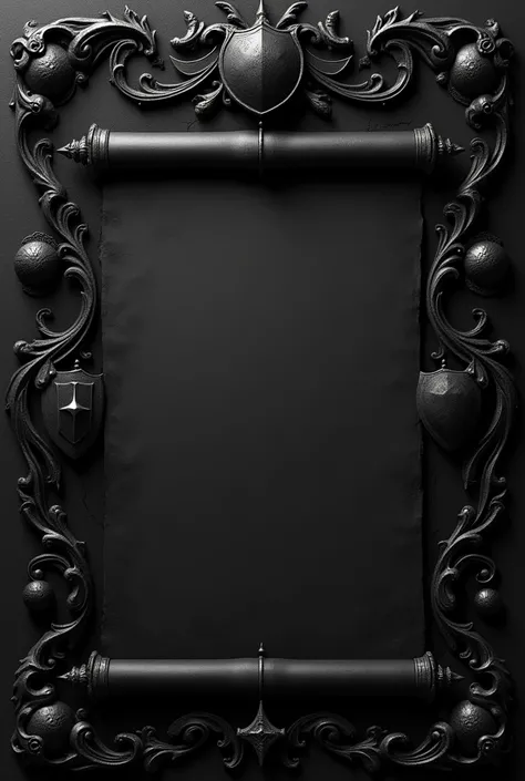 A gothic-style black header for a scroll, featuring bold text placeholders framed by intricate flourishes. The frame includes heraldic elements like shields, laurel wreaths, or crossed swords, and a flowing ribbon banner. The design is entirely in black, w...