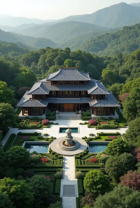  Make a mansion with a 4-acre plot with high walls , the well-kept terrain , filled with flowers and trees  ,   the 3-story tall mansion with walls 5 stories high,  the Japanese and Chinese style mansion with a minimalist design  , the perspective from abo...