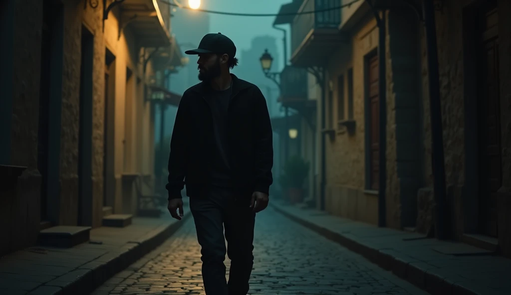 A man with a short, long beard with a snapback cap walking at night on the cobblestone streets of a neighborhood.