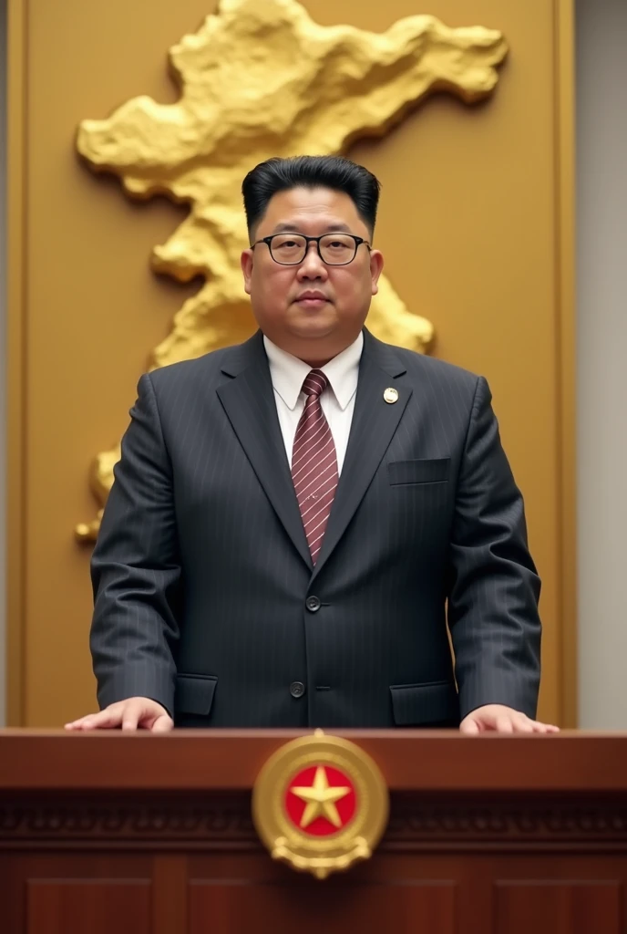  A government official in a flawless suit stands at a desk with the emblem of North Korea .  Behind him is a map of the country and a golden wall with revolutionary symbols. His attitude radiates self-confidence and conviction .

