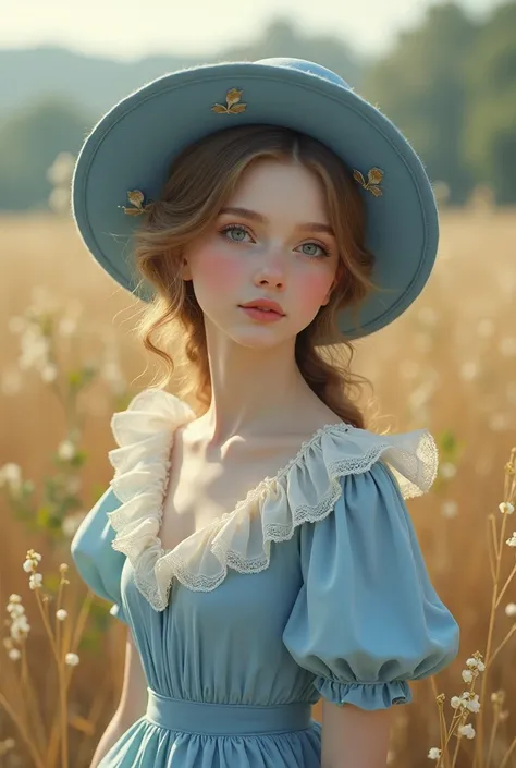 a girl vintage girl wearing blue grown a white something in the front of the dress and a blue hat .