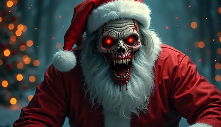 "Create a dark horror-themed illustration of Santa Claus with glowing red eyes, a decayed zombie-like face, and a sinister expression. He should wear a blood-red Santa hat and a traditional outfit that contrasts sharply with his ghastly appearance. The bac...