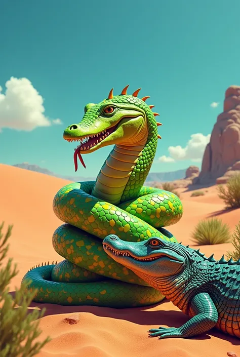 Green banana being eaten by the painted anaconda, With an alligator around, in a desert 