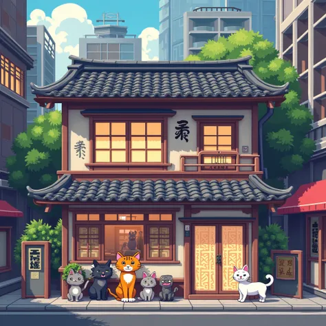  Cat house, pixelated, two floors,  Japanese culture ,  The modern world , in bed colors, 2D, in the city