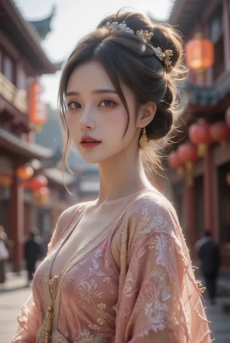 Chinese scenery , best quality ,masterpiece,1girl,whole body, wears enchanting fringed flying clothes  ,  on the main street,****_Realistic beauty in real life, facial detail optimization refuses to take a look Ai , warm white beauty filter - cool white sk...