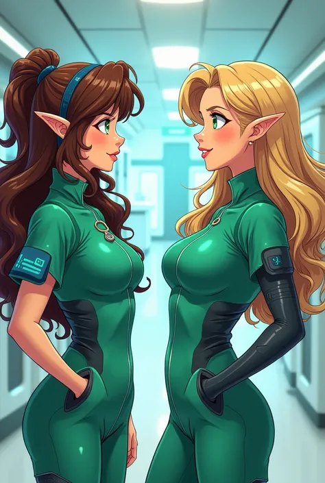 Woman with long brown curly hair and green eyes and pointy ears wearing green Tiffany medical uniform she is talking to another woman with long blond hair and brown eyes wearing green Tiffany medical uniform in the background of a futuristic hospital manga...