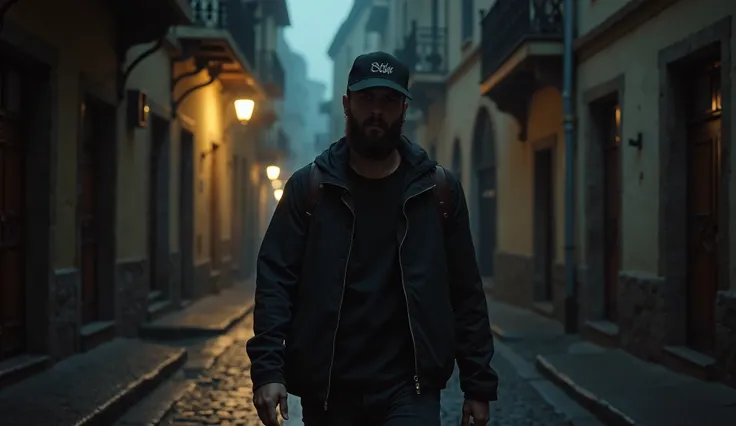 A man with a short, long beard with a snapback cap walking at night on the cobblestone streets of a neighborhood.