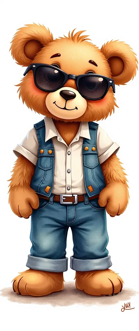 Cute brown cartoon teady bear standing wearing jeans, pants and sunglasses make with water color with white background 