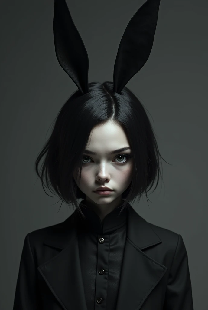 A person with white skin with black rabbit ears and a black and white outfit. The character has short black hair , big black eyes and eyelashes and a serious expression .  The background is dark gray . The overall style is dark and mysterious 