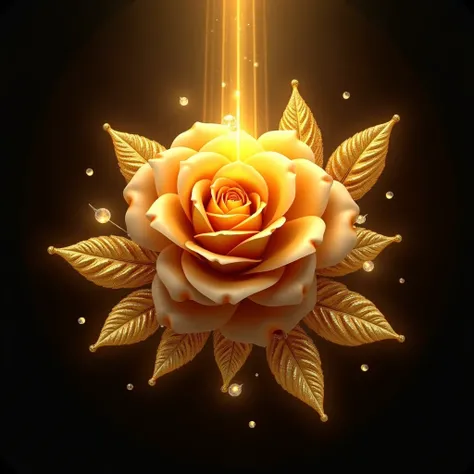 The image is a digital artwork featuring a central golden rose in exquisite detail, surrounded by golden leaves and glittering crystal-like elements. The background is dark, enhancing the glowing effect of the rose and surrounding elements. Radiating beams...