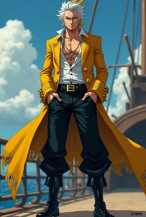  From One Piece He is a pirate with white and somewhat disheveled hair with a tuft of yellow , orange iris eyes ,  wears a white shirt ,  black pants ,  black boots and a yellow pirate captains jacket He has a great son too