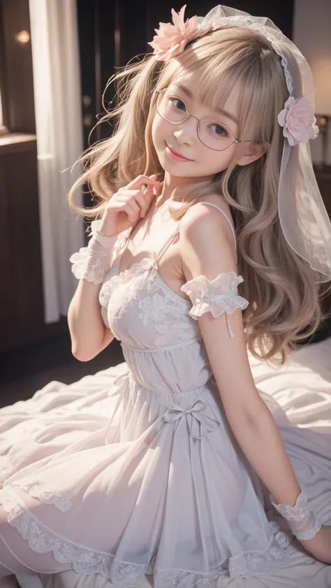 Japanese girl,,black long hair,small breasts,baby face,negligee,satin long gloves,veil,Glasses,light smile,bedroom