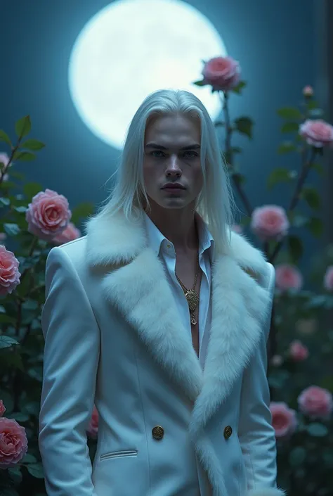 masterpiece, highest quality, (solo focus), (perfect face:1.1), (high detail:1.1), (hyper detailed eyes), dramatic, 1guy, (pale skin), long white hair, ethereal eyes, (light eyebrows), solo, long hair, JTiago Azevedo, moon, night, white luxury suit, pouty ...