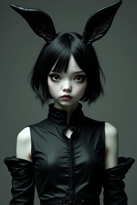 A person with white skin with black rabbit ears and a black outfit and white inside. The character has short black hair , big black eyes and eyelashes and a serious expression .  The background is dark gray . The overall style is dark and mysterious 