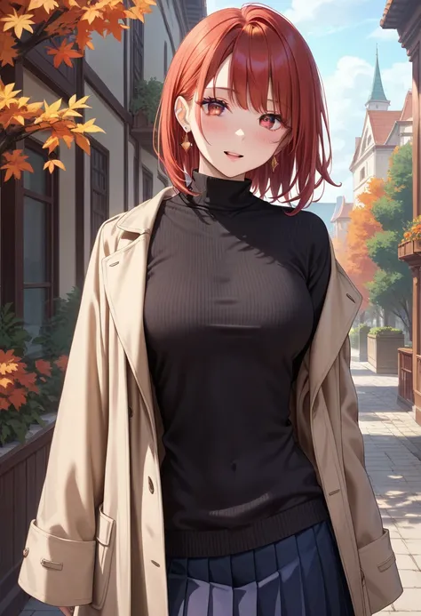 (score_9, score_8_up, score_7_up, score_6_up), anime, high res image, Beautiful girl with slim body, (masterpiece, detailed:1.2), (1girl:1.5), (red hair, short medium hair, bangs), (earrings), (dynamic poses), looking at viewer, (blushing red, relaxed), (r...