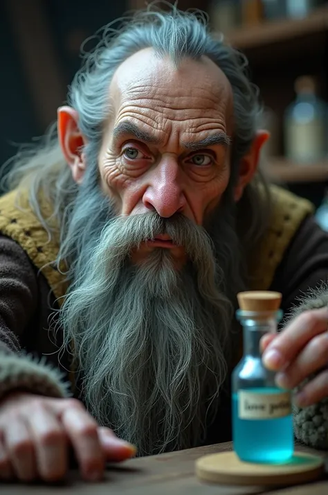 A hyper-detailed macro image of a gaunt, mythical-style dwarf working as an apothecary in a close-up shot. The dwarf has a long, tangled beard, scruffy hair, and a three-quarter beard. He holds a small bottle, filled with blueish liquid in his hand with a ...