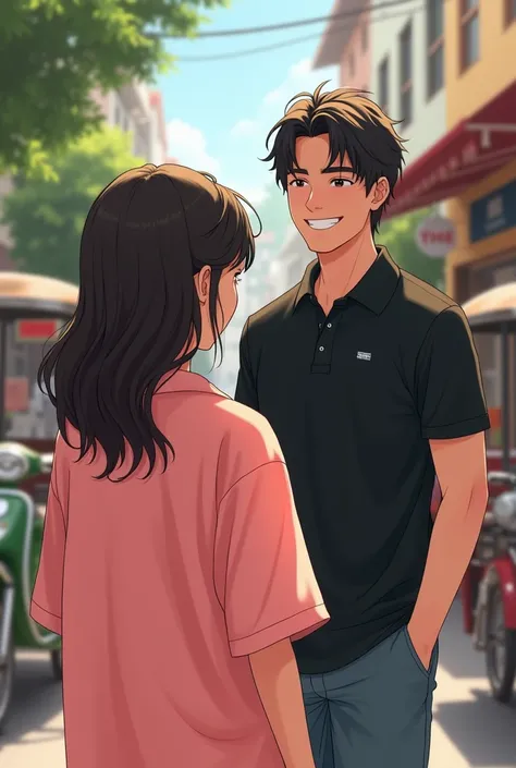 a seventeen teenager girls back whos wearing a baby pink oversized polo shirt and a handsome man wearing black polo shirt smilingly walked towards the girl in a busy street. theyre not a couple. capture from the back of the girl so its like the girls point...