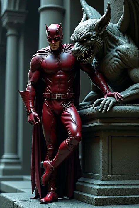 Generate an image of Daredevil leaning against the side of a gargoyle statue 