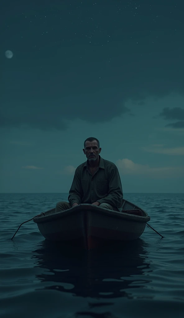 A slightly sad man is sitting in his boat at night and in the back there is the sea. 