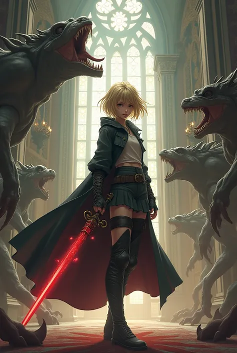  girl, bangs,  Anatomically Correct,  shorthair, Grown-up、Blonde、anime、 sexy、fantastic disheveled hair,  fantasy standing in a church、Magic Swordsman、Battle with monsters、