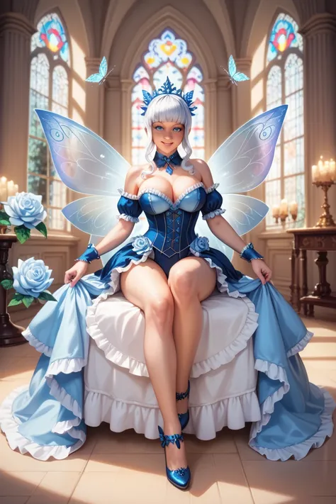 Beautiful personification of jovial, fairy maid girl, kind energetic smile, beautiful curvy adult winter fairy servant with short white hair and blue eyes, sitting in a castle room, charming, whimsical, colorful, fantasy, intricate, meticulously detailed, ...