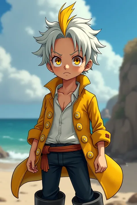  From one piece He is a young pirate boy with white and somewhat disheveled hair with a yellow tuft, orange iris eyes ,  wears a white shirt ,  black pants ,  black boots and a yellow pirate captains jacket .He also has a great-grandson 