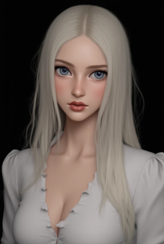  The image shows a stylized and realistic portrait of a young woman with long, smooth white or platinum blonde hair,  falling in a disordered and natural way . Her skin is fair,  in slightly warm tones . His eyes are a piercing blue,  slightly almond shape...