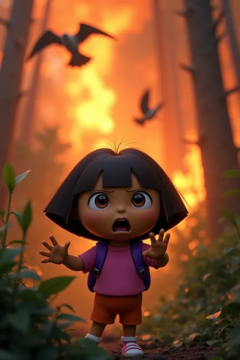 In the foreground, Dora the Explorer who is afraid in the background is the forest (deforestation) and who is burning, in the background, birds coming out of the forest.