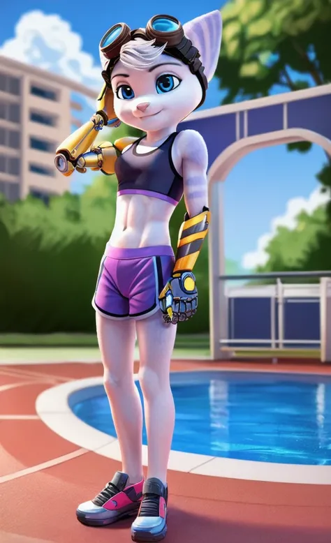 Rivet, tail, furry, 1girl, young, solo, six pack, (yellow cybernetic right arm),(normal left arm), (pink sport shorts with sports bra), standing, pool background, detailed body fur, detailed body, detailed eyes, detailed face, athletic, skinny, high qualit...