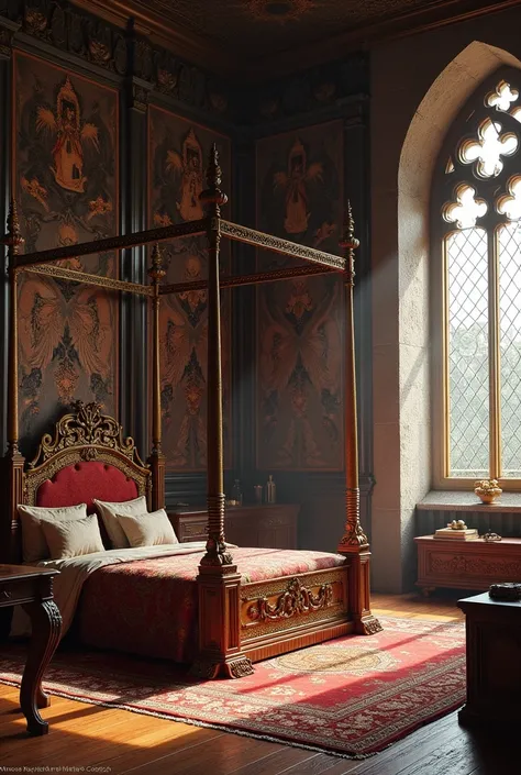 Make me a picture of a bedroom in a manor house in the Middle Ages with tapestries and decorated walls in the Middle Ages in a castle


