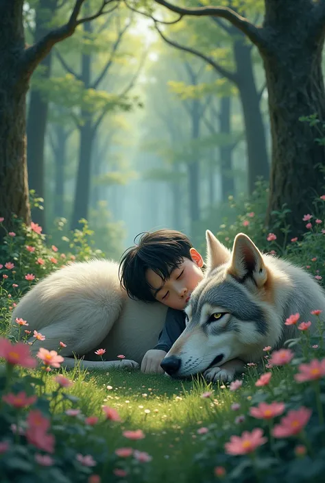 In a forest filled with flowers and trees ,  there is a Korean boy of  20 years old lying on the body of a large gray wolf.  e seu cabelo é preto, sua pele clara