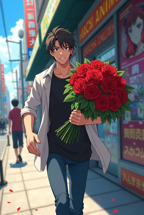 A young man is late for his appointment with a bouquet of roses, anime store