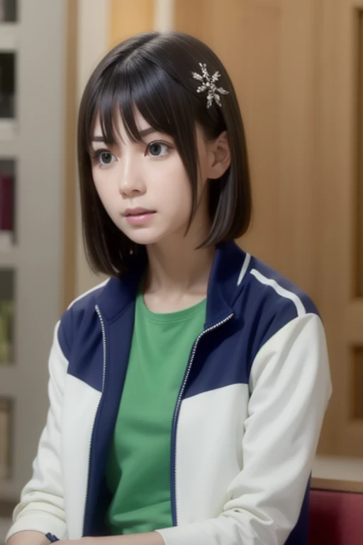 EFT_Sao_Sis, 1girl, kirigaya suguha, black hair, solo, short hair, track jacket, hairclip, hair ornament, jacket, green eyes, food, looking at viewer, black eyes, frown, breasts, sitting, collarbone, upper body, indoors