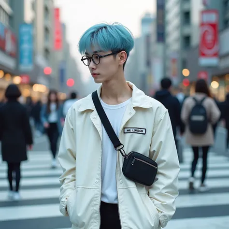 Emaige of an 22 years old cute korean handsome boy. Ash blue hair, crossing on the pedestrian lane. He is wearing white jacket with name “MR.LENGSO” on his shirt. and he has a black sling bag on his shoulder. and also he is wearing harry potter eyeglasses....