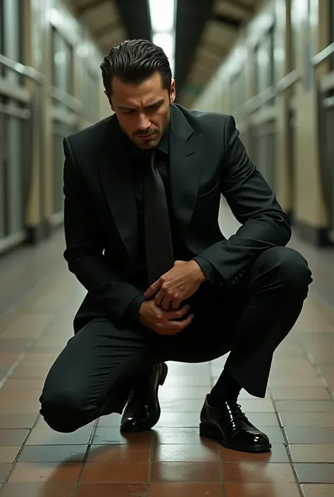 On the subway，Sexy and charming Italian men，Black suit， black tie，Black socks，Black leather shoes。Man kneels on the ground， mans crotch testicles hurt a lot，Handsome young Spanish man holding his crotch testicles ， holding crotch testicles with both hands ...