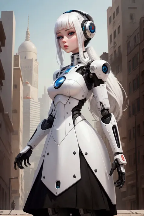 A robot is a woman and has a black head and a white head and a white dress long full picture background beautiful city 