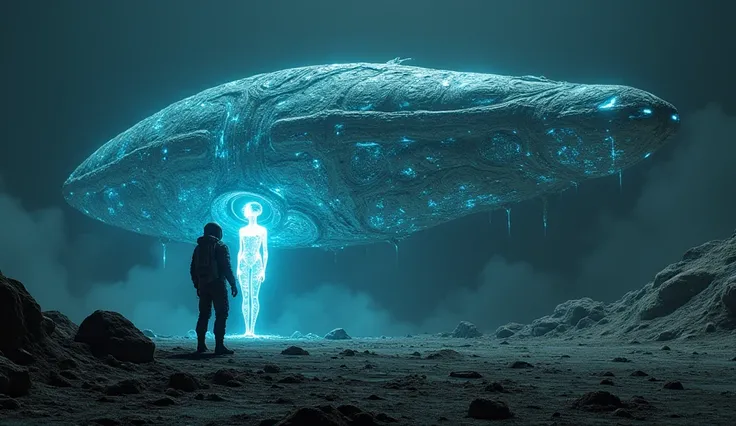 A glowing, bioluminescent alien ship is partially embedded in a rocky asteroid, its surface alive with pulsing energy and intricate, organic patterns. A lone human in a weathered spacesuit stands before the ship, surrounded by the eerie silence of space. I...