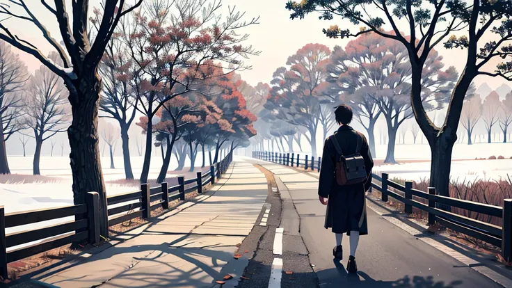 "A lonely, snowless country road set in winter in Meiji-era Japan. A  boy is walking beside a man of about 35 years old, carrying a leather bag on his back. The boy is wearing a simple kimono, while the man is dressed in the modest, slightly formal clothin...